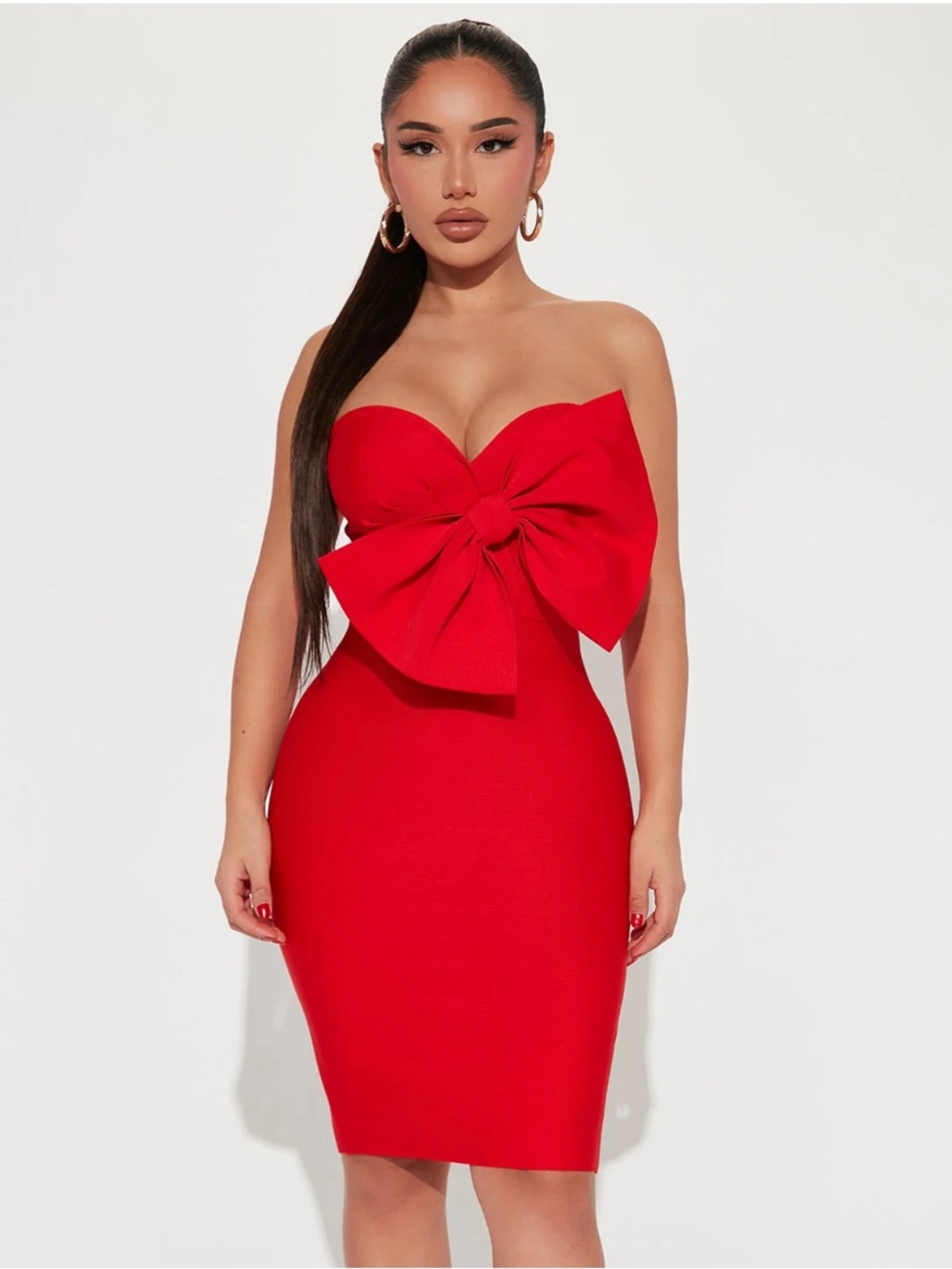 Fashion Nova Red Strapless Bow Bandage Form Fitted Mini Cocktail Party Dress